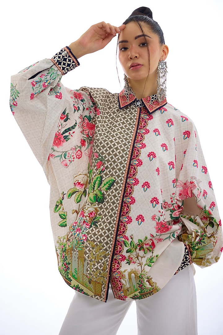 Ivory & Coral Cotton Poplin Printed Shirt by Rajdeep Ranawat at Pernia's Pop Up Shop