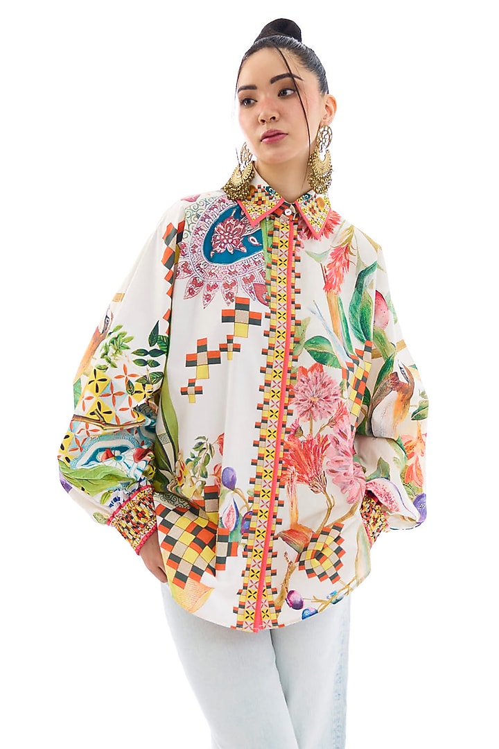 Ivory Cotton Poplin Printed Shirt by Rajdeep Ranawat at Pernia's Pop Up Shop