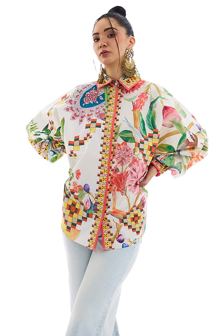 Ivory Cotton Poplin Printed Shirt by Rajdeep Ranawat at Pernia's Pop Up Shop