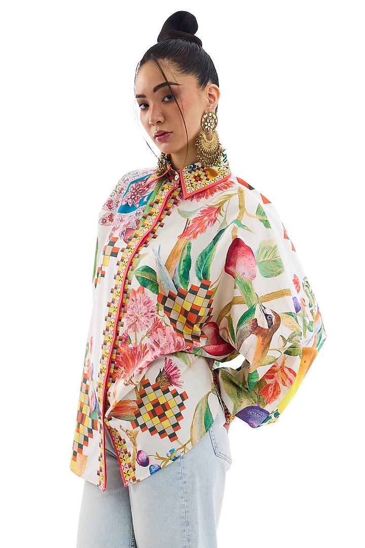 Ivory Cotton Poplin Printed Shirt by Rajdeep Ranawat at Pernia's Pop Up Shop