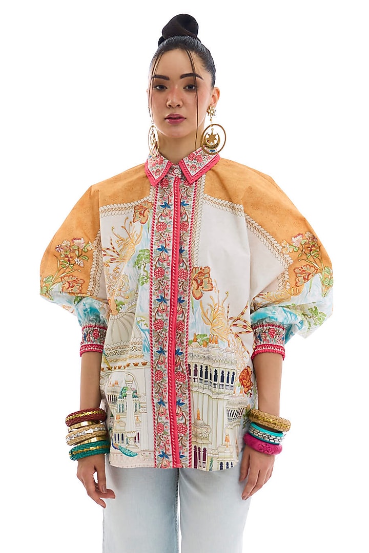 Ivory & Orange Cotton Poplin Printed Shirt by Rajdeep Ranawat at Pernia's Pop Up Shop