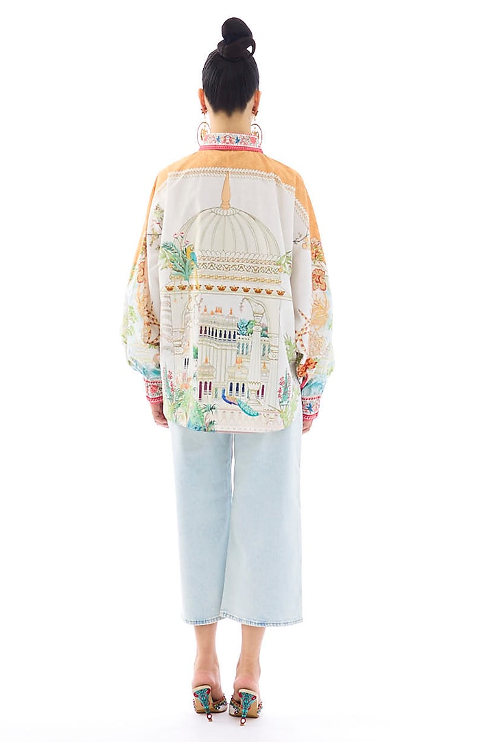 Ivory & Orange Cotton Poplin Printed Shirt by Rajdeep Ranawat at Pernia's Pop Up Shop