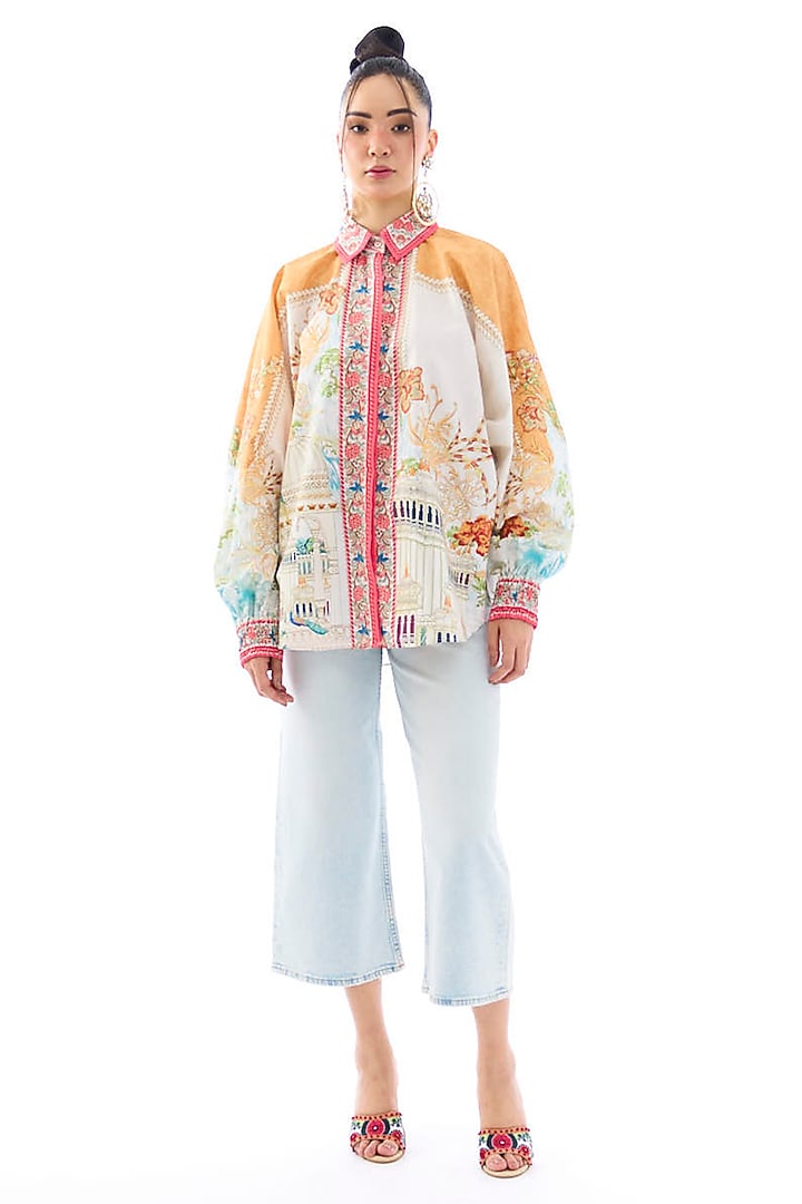 Ivory & Orange Cotton Poplin Printed Shirt by Rajdeep Ranawat at Pernia's Pop Up Shop