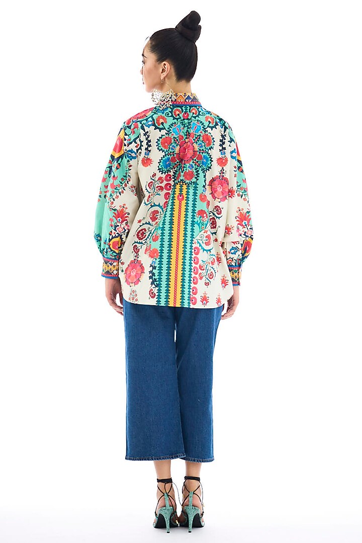 Ivory & Mint Cotton Poplin Printed Shirt by Rajdeep Ranawat at Pernia's Pop Up Shop