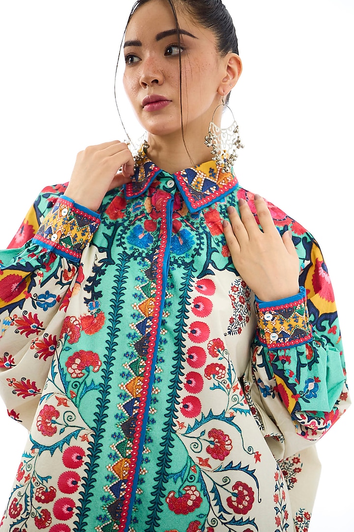 Ivory & Mint Cotton Poplin Printed Shirt by Rajdeep Ranawat at Pernia's Pop Up Shop