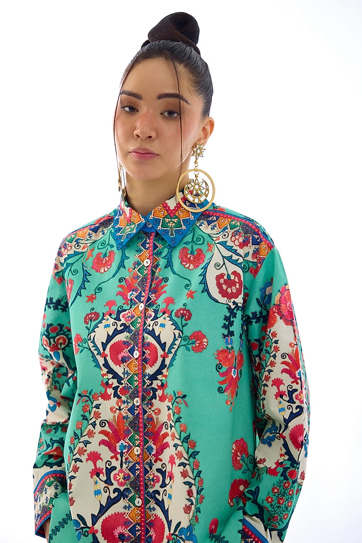 Tiffany Colored Cotton Poplin Printed Shirt by Rajdeep Ranawat at Pernia's Pop Up Shop