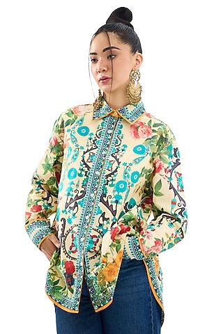 Buttercup Colored Cotton Poplin Printed Shirt by Rajdeep Ranawat
