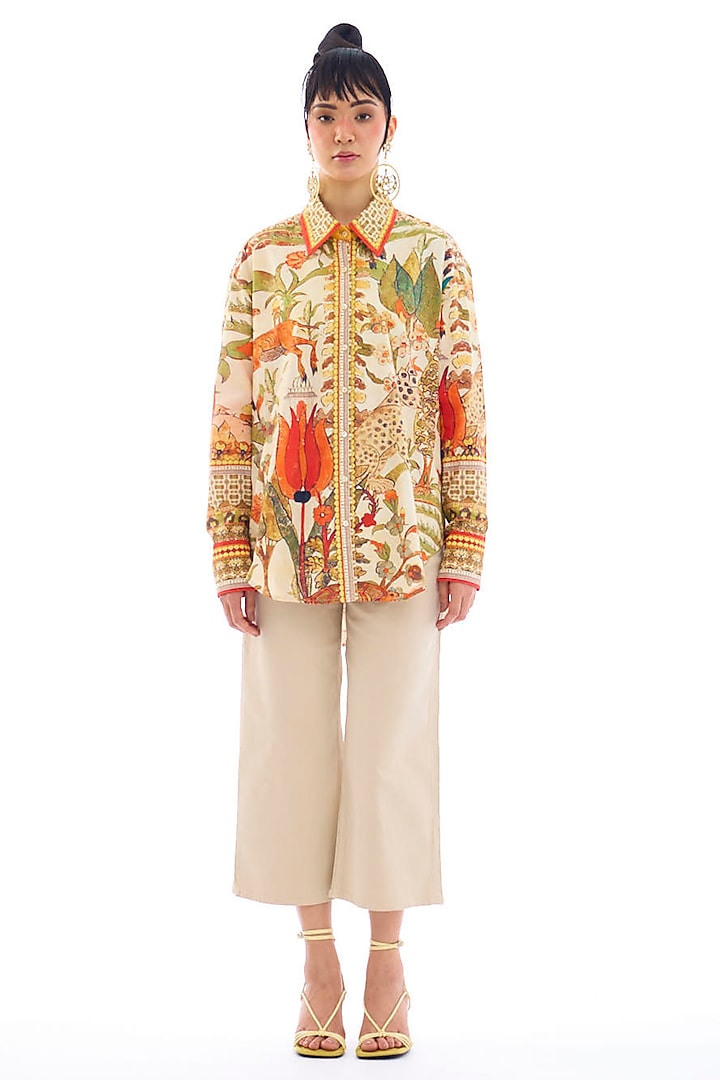 Beige & Orange Cotton Poplin Printed Shirt by Rajdeep Ranawat at Pernia's Pop Up Shop