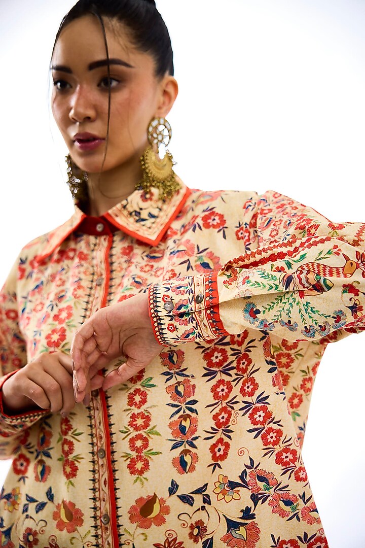 Beige & Rust Cotton Poplin Printed Shirt by Rajdeep Ranawat at Pernia's Pop Up Shop