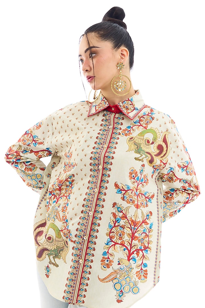 Beige Cotton Poplin Printed Shirt by Rajdeep Ranawat at Pernia's Pop Up Shop