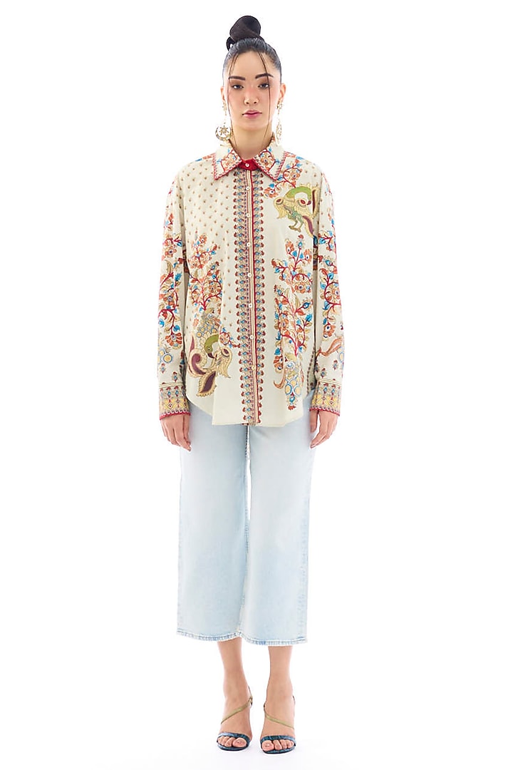 Beige Cotton Poplin Printed Shirt by Rajdeep Ranawat at Pernia's Pop Up Shop
