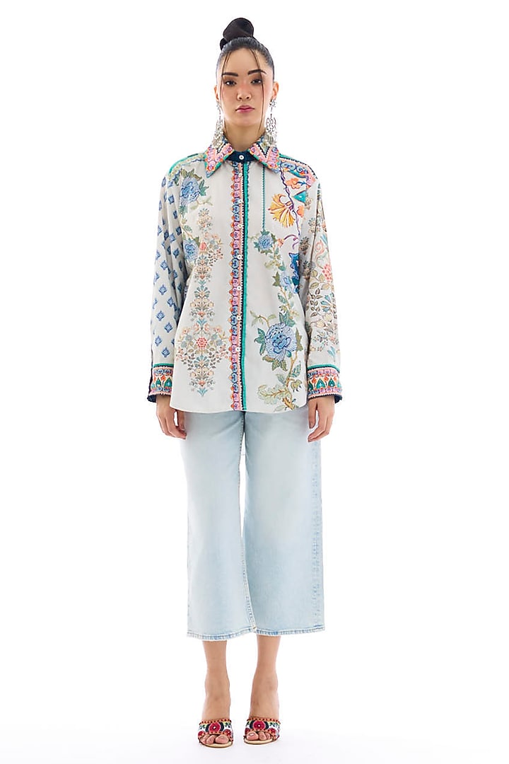 Ivory & Blue Cotton Poplin Printed Shirt by Rajdeep Ranawat at Pernia's Pop Up Shop