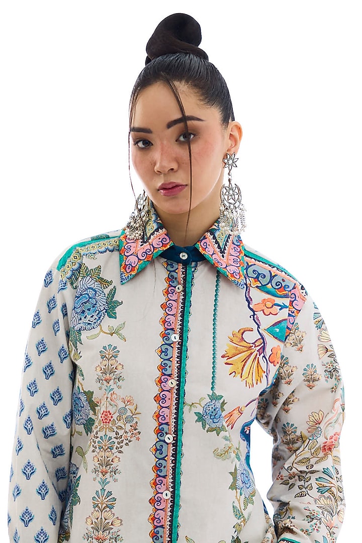 Ivory & Blue Cotton Poplin Printed Shirt by Rajdeep Ranawat at Pernia's Pop Up Shop