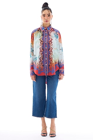 Red & Blue Cotton Poplin Printed Shirt by Rajdeep Ranawat