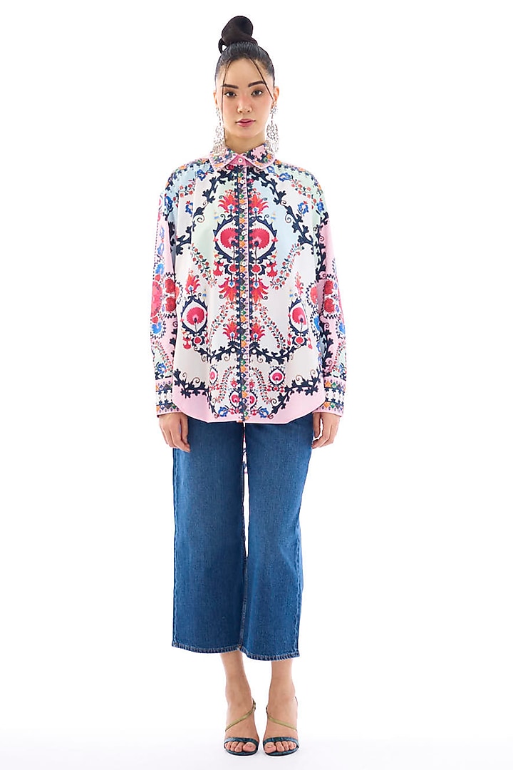 Ivory & Pink Cotton Poplin Printed Shirt by Rajdeep Ranawat at Pernia's Pop Up Shop