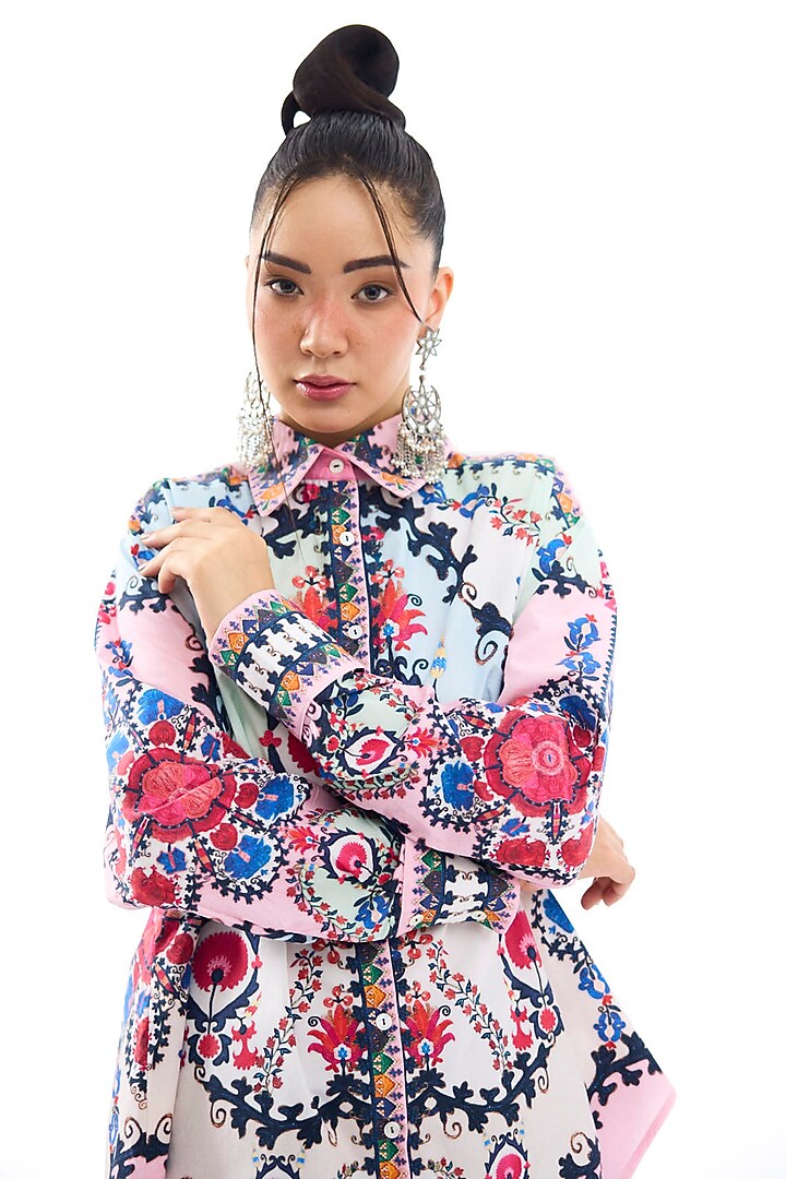 Ivory & Pink Cotton Poplin Printed Shirt by Rajdeep Ranawat at Pernia's Pop Up Shop