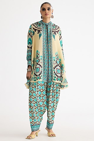 Lemon Yellow Modal Satin Printed Salwar Pants by Rajdeep Ranawat