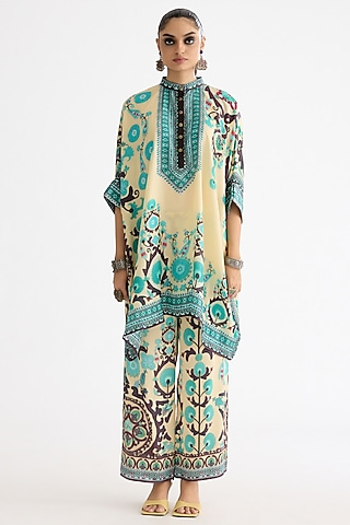 Lemon Yellow Modal Satin Printed Pants by Rajdeep Ranawat