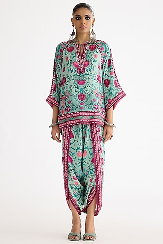 Mint Silk Printed Poncho Top by Rajdeep Ranawat