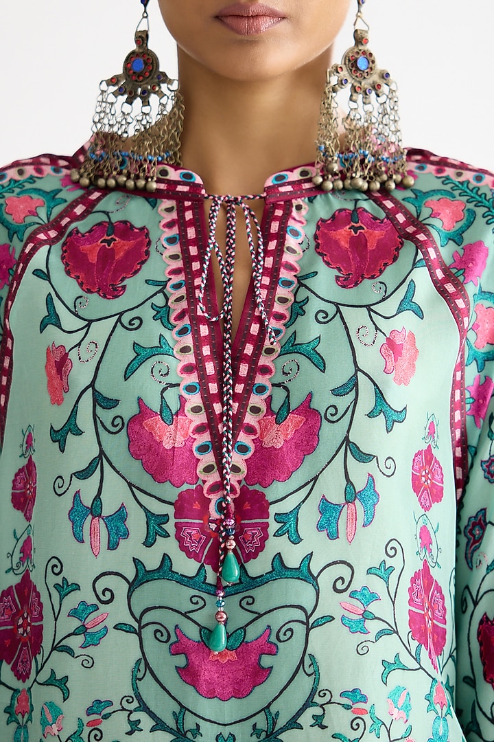 Mint Silk Printed Poncho Top by Rajdeep Ranawat at Pernia's Pop Up Shop