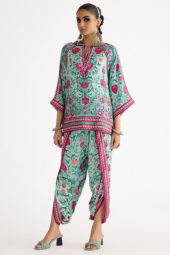 Mint Silk Printed Poncho Top by Rajdeep Ranawat at Pernia's Pop Up Shop