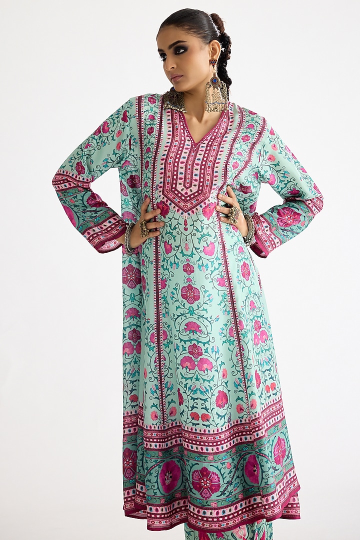 Mint Silk Printed Tunic by Rajdeep Ranawat at Pernia's Pop Up Shop