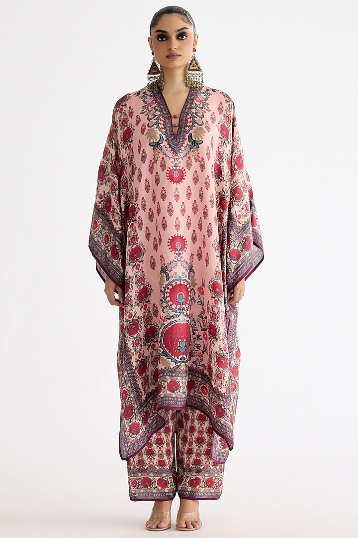 Blush Pink Silk Printed Kaftan by Rajdeep Ranawat at Pernia's Pop Up Shop