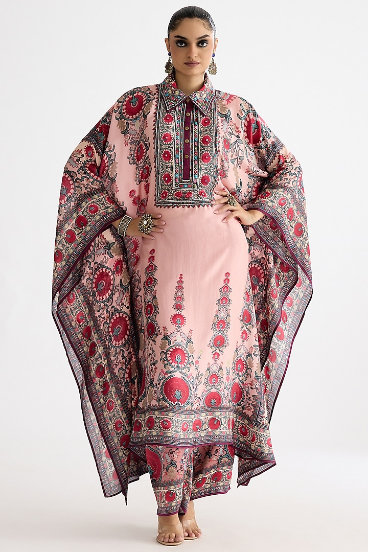 Blush Pink Silk Printed Boxy Kaftan by Rajdeep Ranawat at Pernia's Pop Up Shop