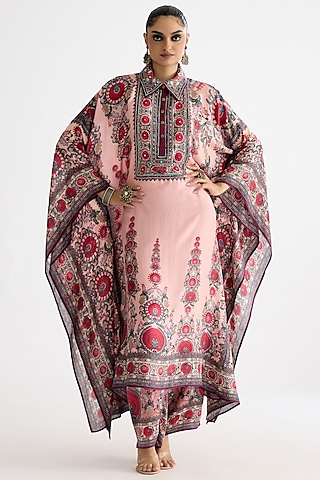 Blush Pink Silk Printed Boxy Kaftan by Rajdeep Ranawat