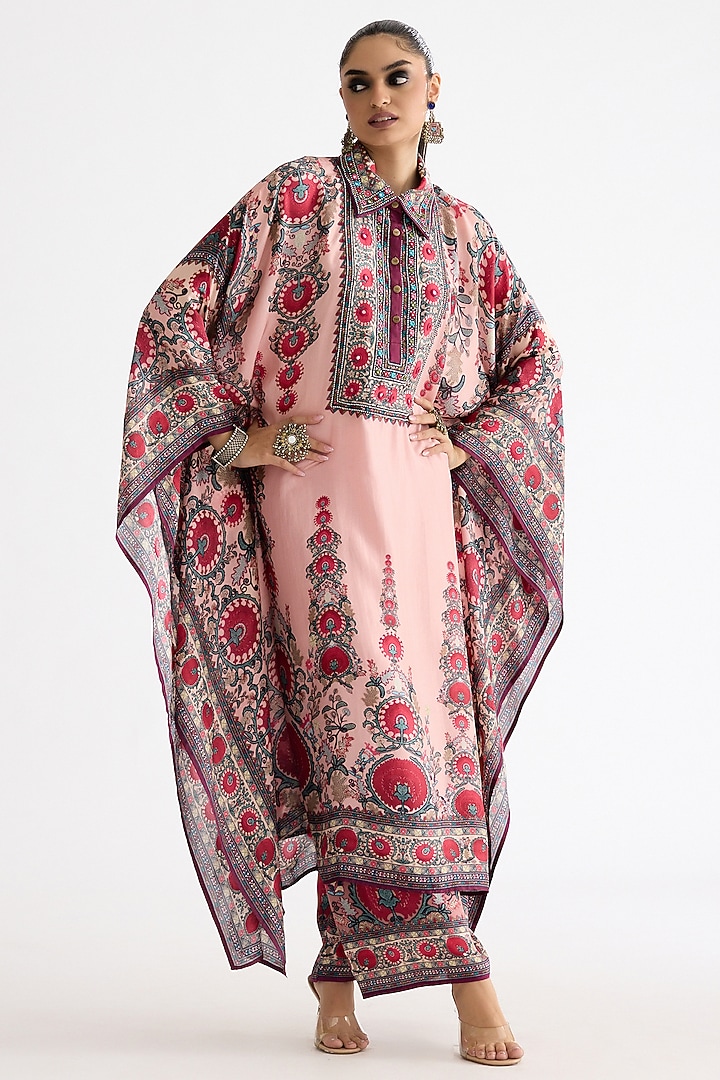 Blush Pink Silk Printed Boxy Kaftan by Rajdeep Ranawat at Pernia's Pop Up Shop