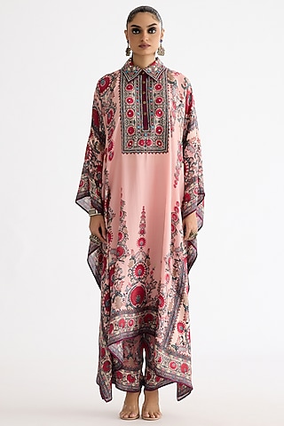 Blush Pink Modal Satin Printed Pants by Rajdeep Ranawat