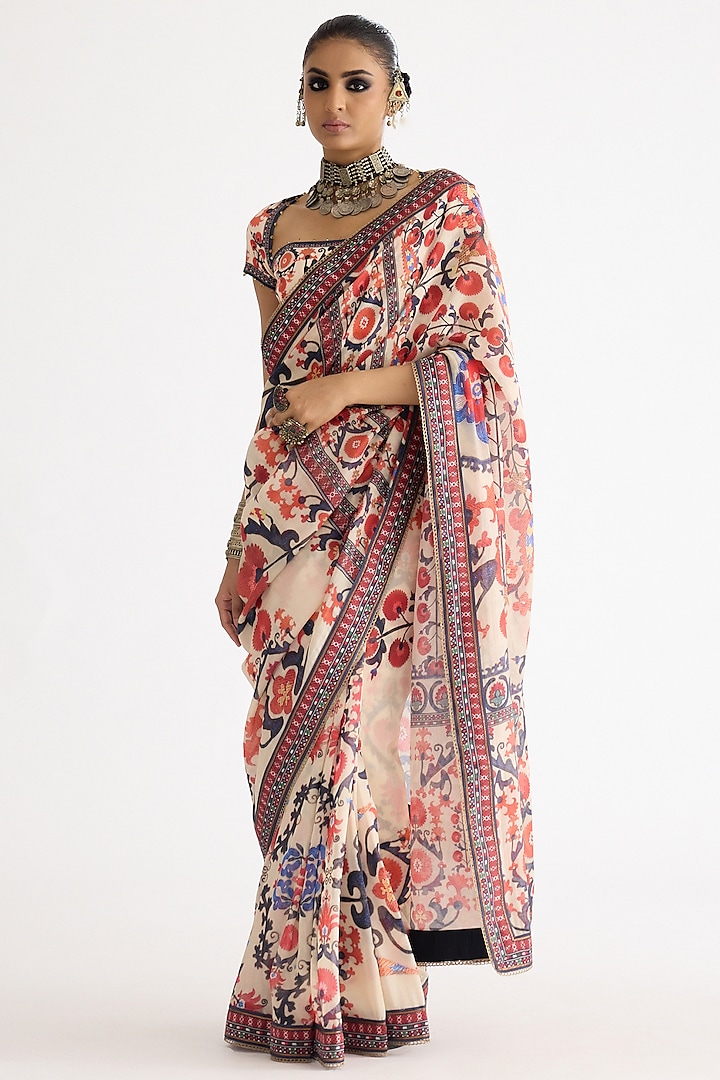 Rust Chanderi & Lycra Printed Saree Set by Rajdeep Ranawat at Pernia's Pop Up Shop