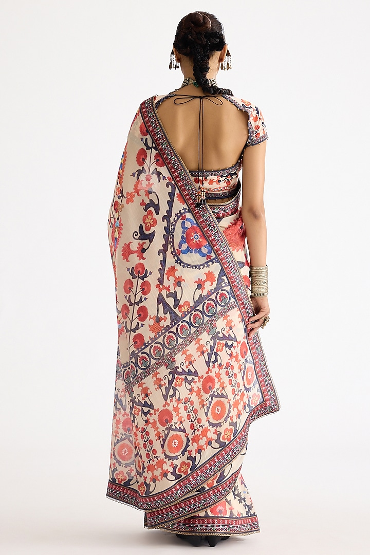 Rust Chanderi & Lycra Printed Wedding Saree Set by Rajdeep Ranawat at Pernia's Pop Up Shop