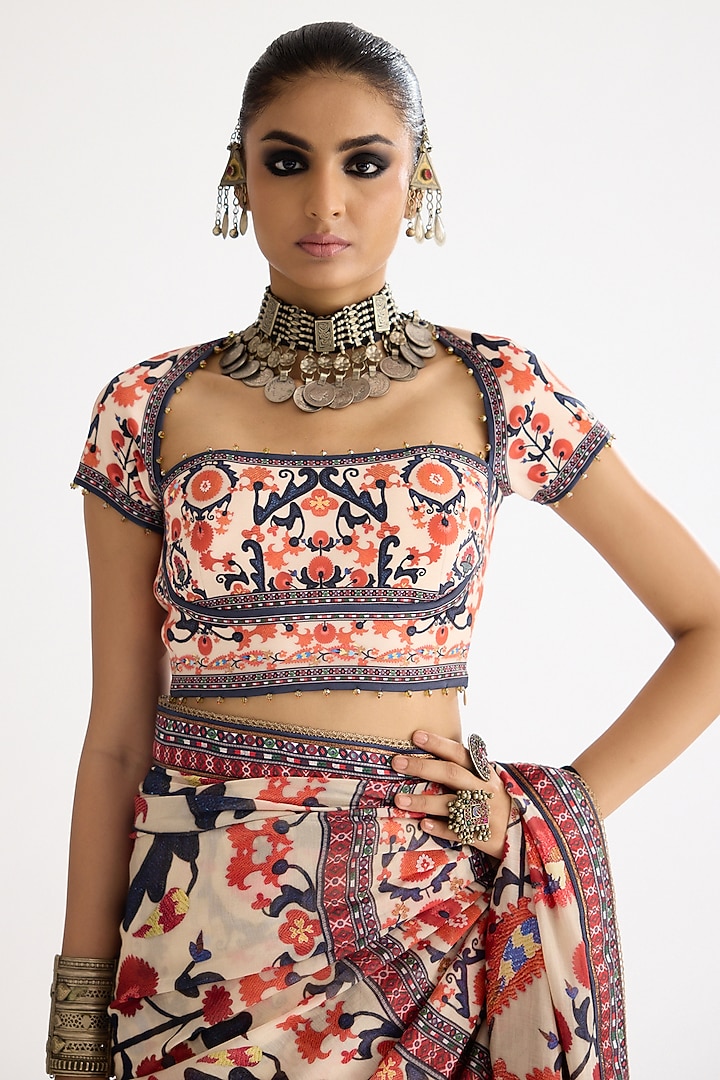 Rust Chanderi & Lycra Printed Wedding Saree Set by Rajdeep Ranawat at Pernia's Pop Up Shop