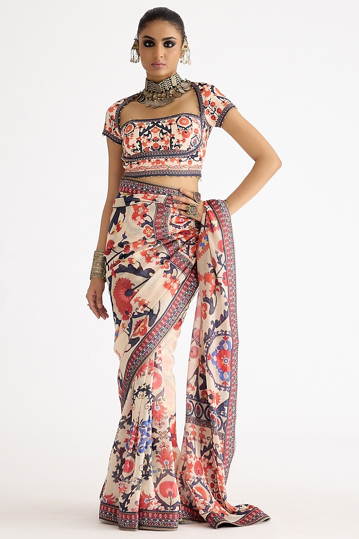 Rust Chanderi & Lycra Printed Wedding Saree Set by Rajdeep Ranawat at Pernia's Pop Up Shop