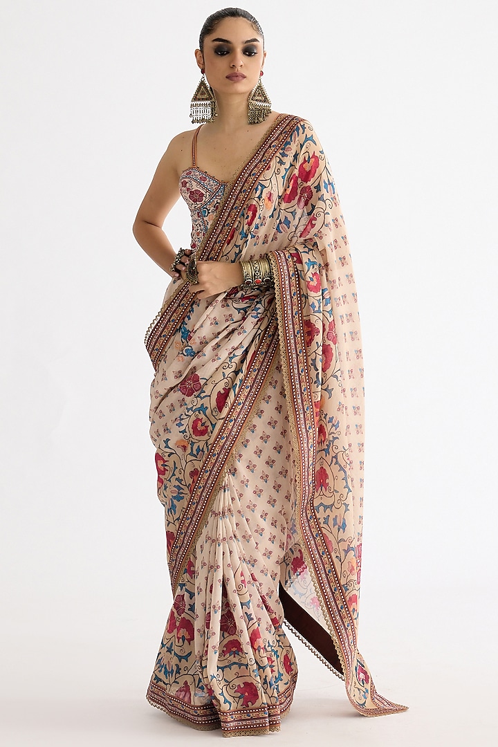 Taupe Chanderi & Lycra Printed Saree Set by Rajdeep Ranawat at Pernia's Pop Up Shop