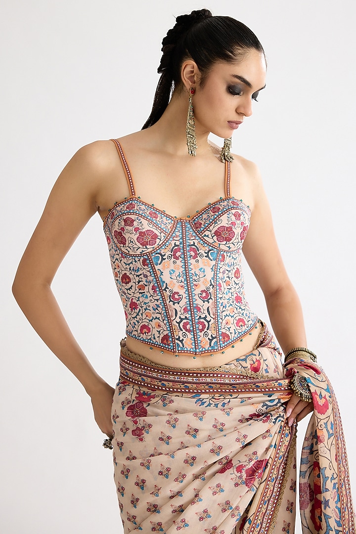 Taupe Chanderi & Lycra Printed Wedding Saree Set by Rajdeep Ranawat at Pernia's Pop Up Shop
