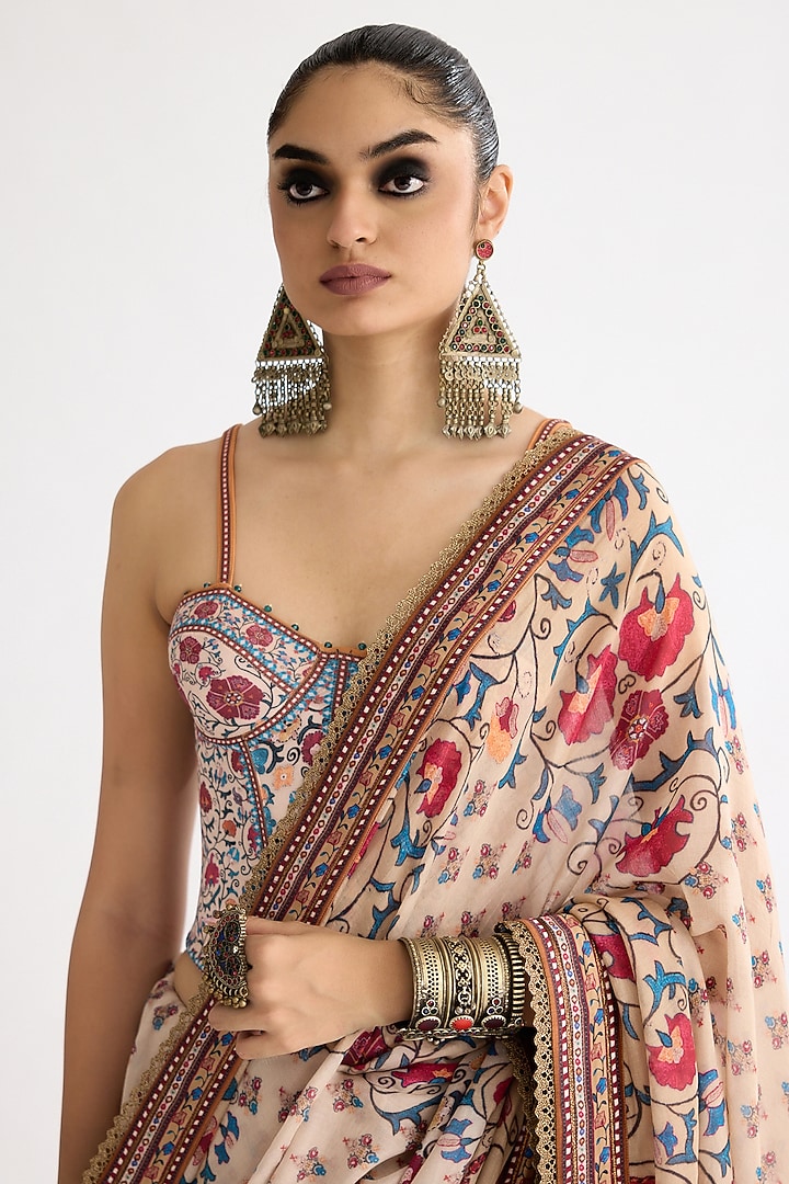 Taupe Chanderi & Lycra Printed Wedding Saree Set by Rajdeep Ranawat at Pernia's Pop Up Shop