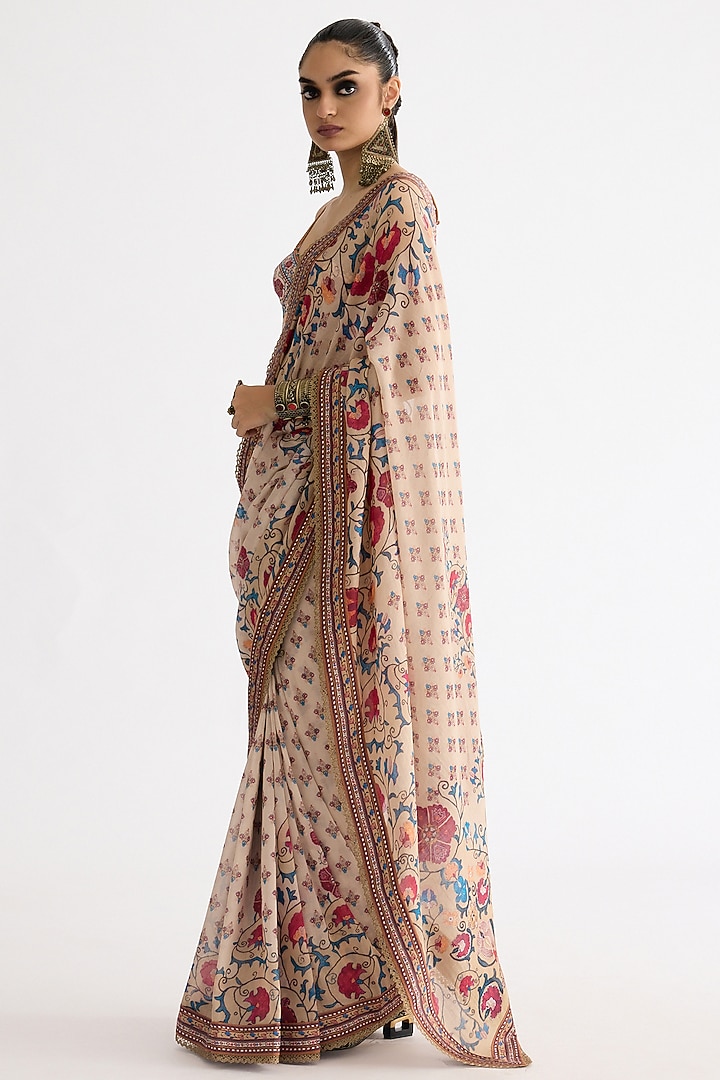 Taupe Chanderi & Lycra Printed Wedding Saree Set by Rajdeep Ranawat at Pernia's Pop Up Shop