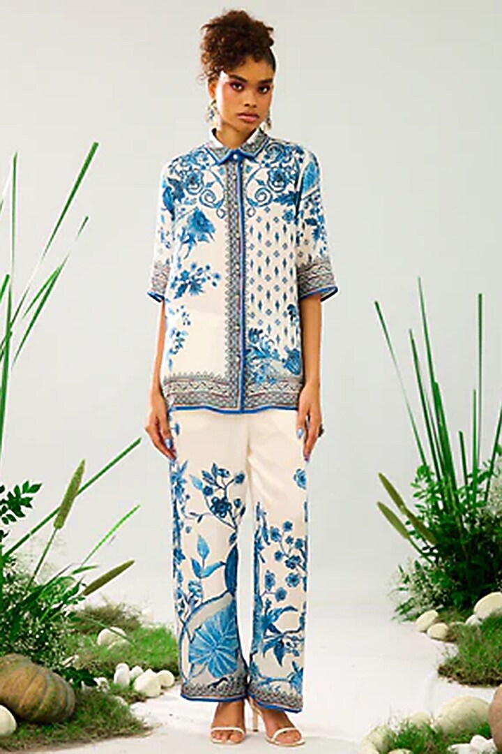 Blue & White Silk Printed Co-Ord Set by Rajdeep Ranawat at Pernia's Pop Up Shop