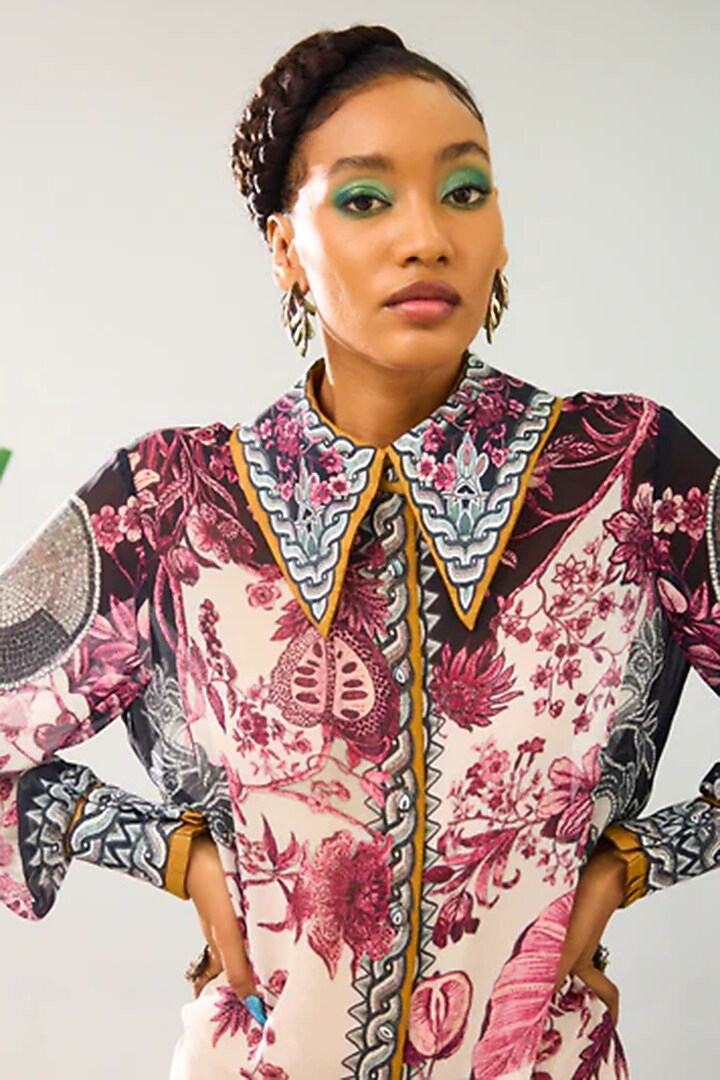 White & Raspberry Pink Silk Printed Tunic Set by Rajdeep Ranawat at Pernia's Pop Up Shop