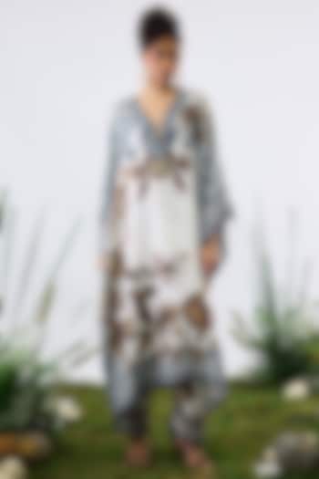 Gold & White Modal Satin Printed Kaftan Set by Rajdeep Ranawat at Pernia's Pop Up Shop