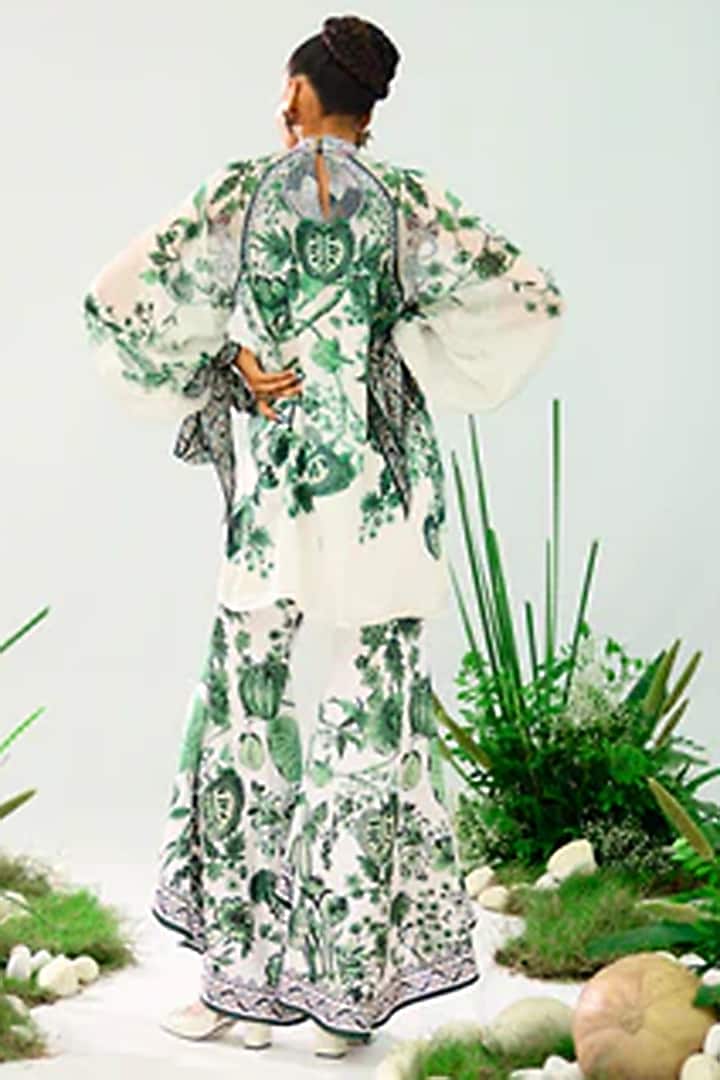White & Emerald Green Silk Printed Tunic Set by Rajdeep Ranawat at Pernia's Pop Up Shop