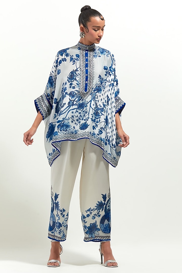 White & Blue Silk Printed Tunic Set by Rajdeep Ranawat at Pernia's Pop Up Shop