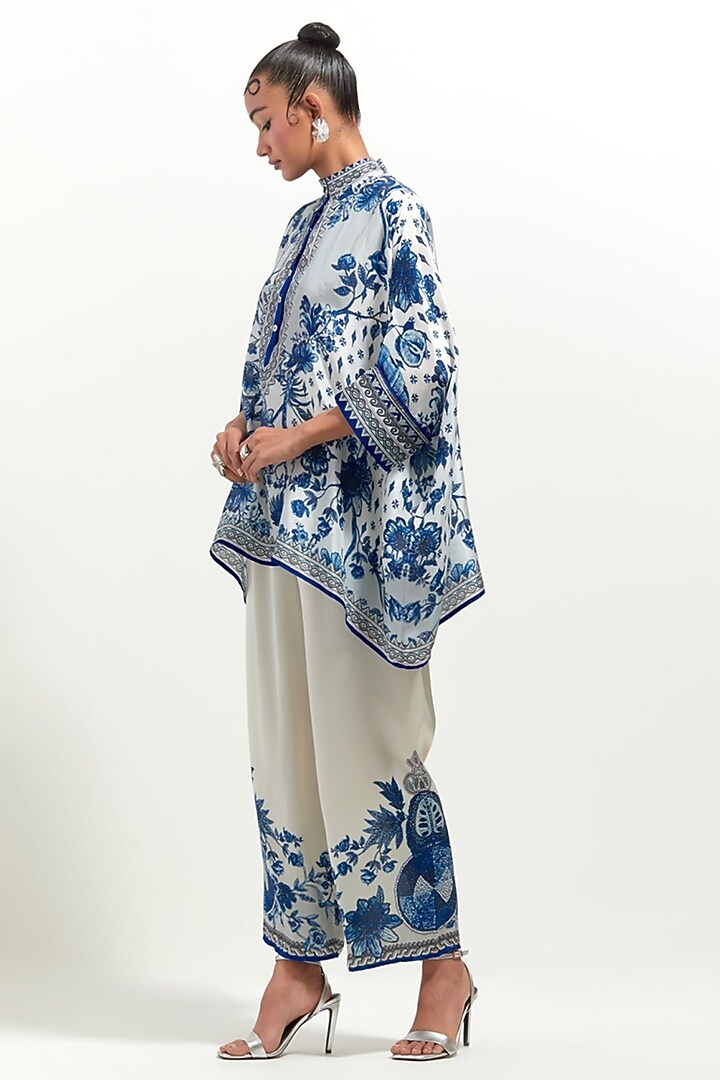 White & Blue Silk Printed Tunic Set by Rajdeep Ranawat at Pernia's Pop Up Shop