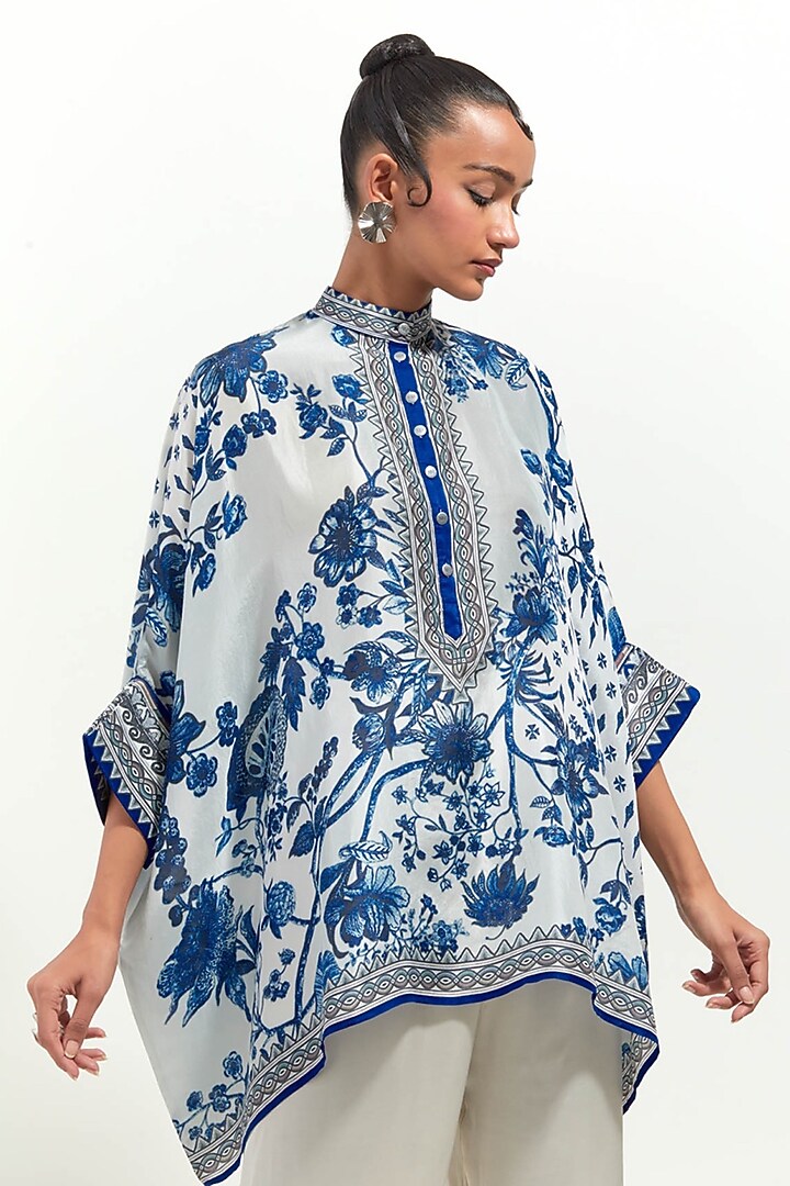 White & Blue Silk Printed Tunic Set by Rajdeep Ranawat at Pernia's Pop Up Shop