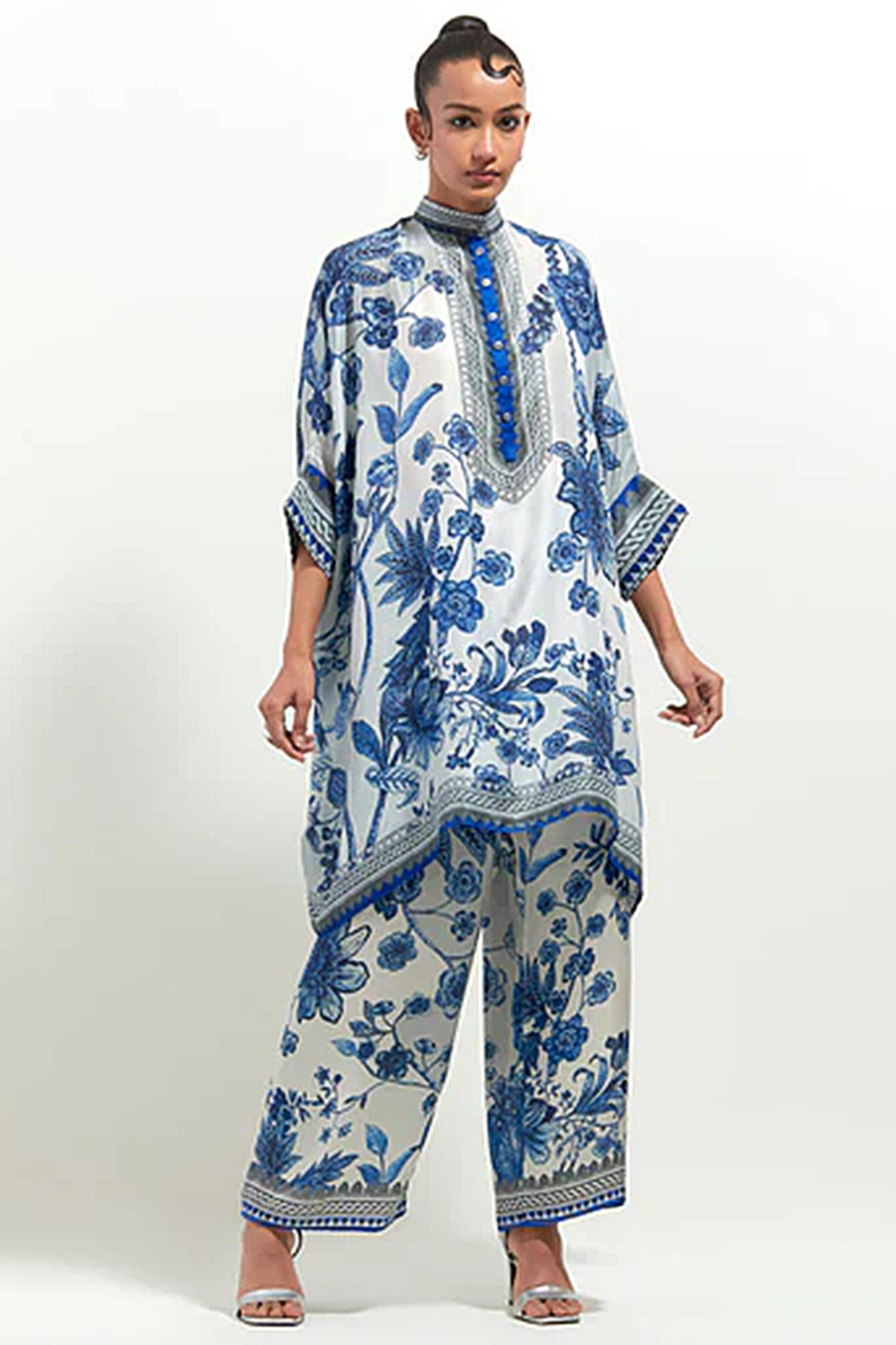 White & Blue Silk Printed Tunic Set by Rajdeep Ranawat at Pernia's Pop Up Shop