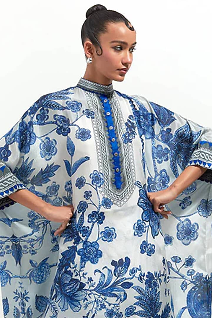 White & Blue Silk Printed Tunic Set by Rajdeep Ranawat at Pernia's Pop Up Shop