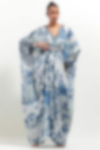 Ivory-Blue Silk Printed Kaftan by Rajdeep Ranawat at Pernia's Pop Up Shop