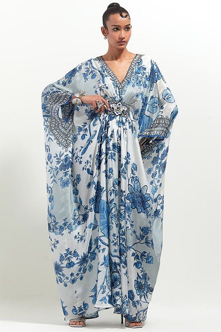 Ivory-Blue Silk Printed Kaftan by Rajdeep Ranawat at Pernia's Pop Up Shop